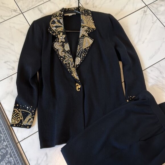 Vintage St. John knit Undersea Fantasia black pant suit blazer sequin 8 and pant - Picture 5 of 13
